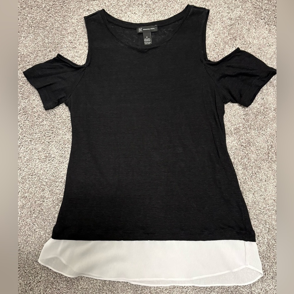 INC International Concepts Black and White Cold Shoulder Blouse